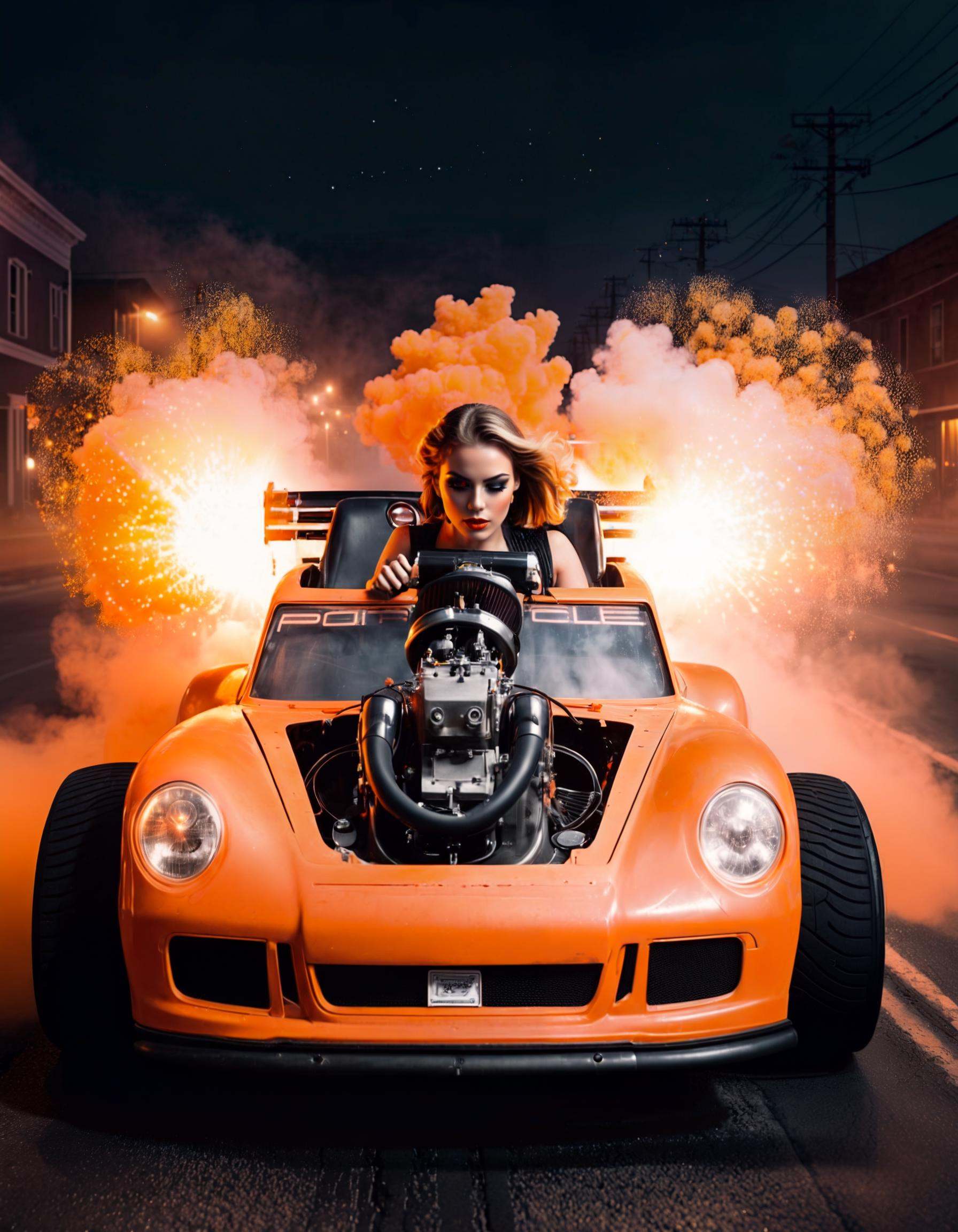 film noir style RAW photo,  a female ***** android driving a orange pturbo,  night city on Tensor.Art