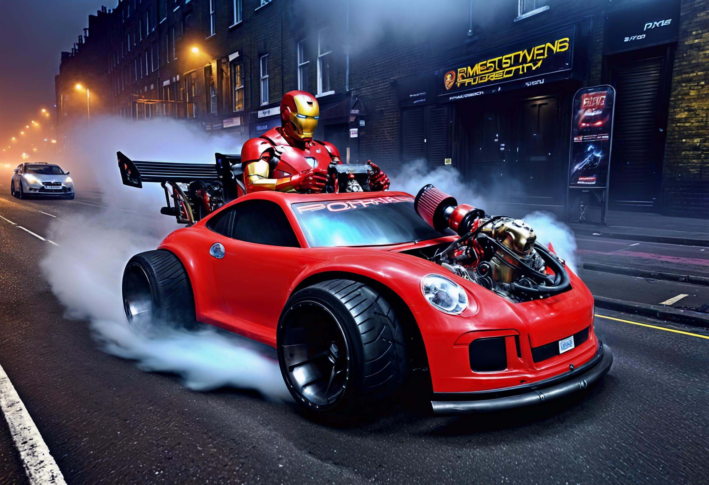 HDR photo of RAW photo,  ironman driving a pturbo,  london city on Tensor.Art