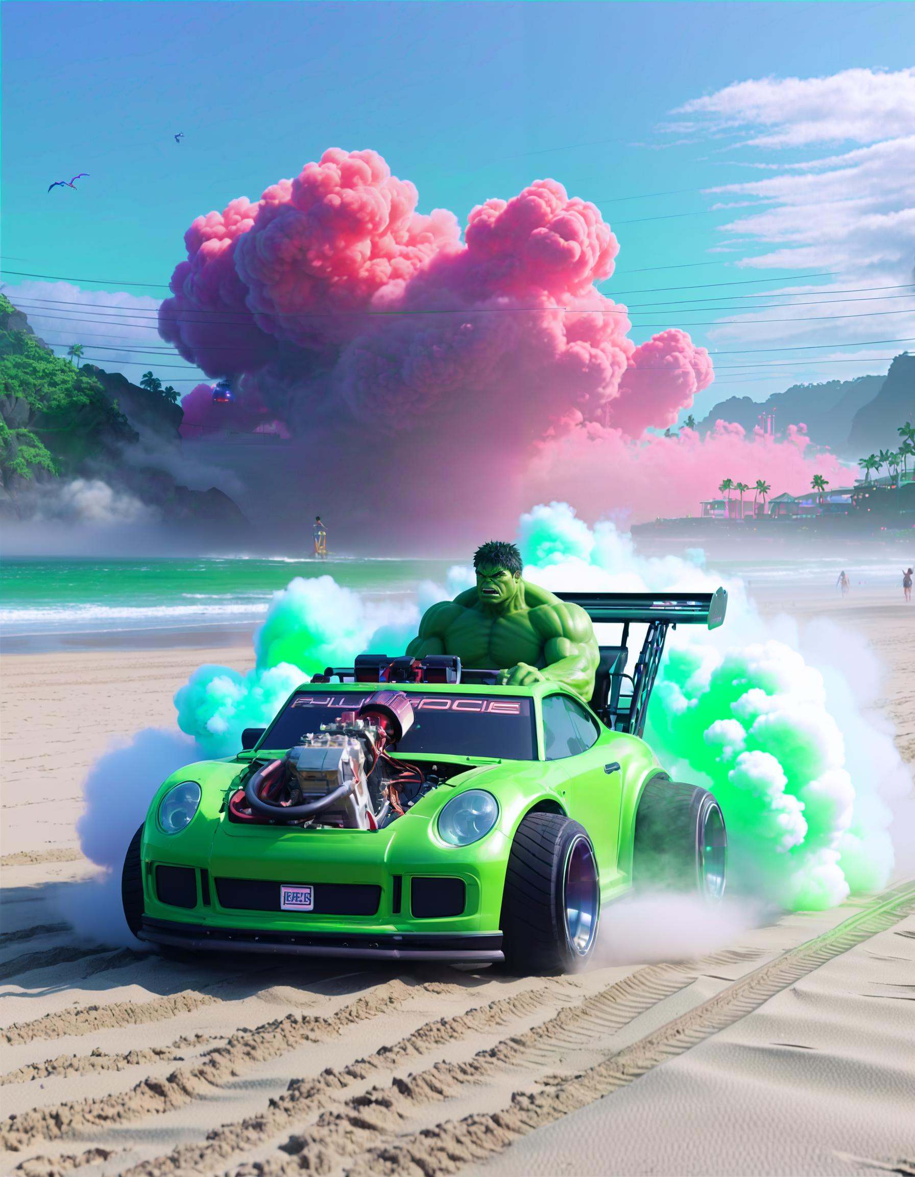 anime artwork the from marvel driving a green pturbo,  at a beach city,  fog on Tensor.Art