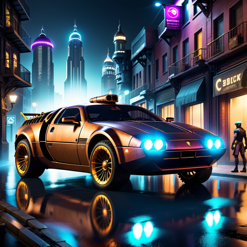 a steampunk sports car in a cyberpunk city at night on Tensor.Art