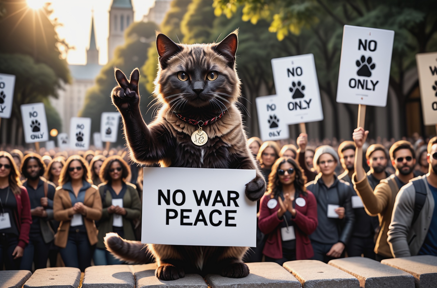 cinematic film still a activist cat rally,  protesting against war,  making a peace sign on Tensor.Art