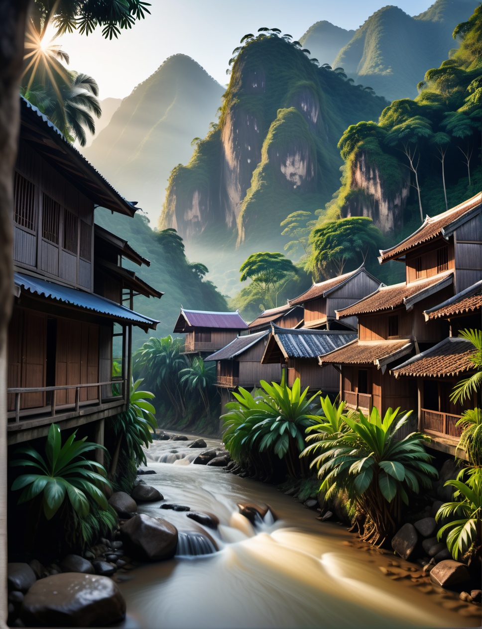 an portrait of an vietnames jungle a small river is floting through the valley some old wood buildings are in the backgrou...