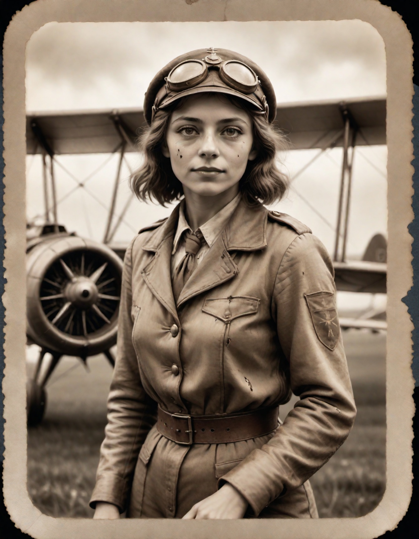 1914 photo of a female biplane pilot,  1900 pilot outfit,  in a sepia style on Tensor.Art