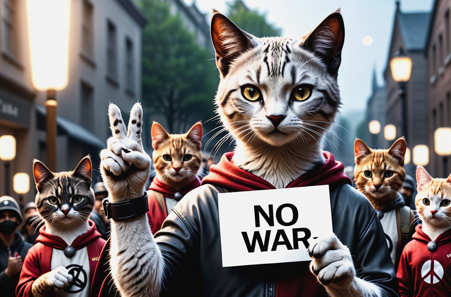 cinematic film still a activist cat rally,  protesting against war,  making a peace sign on Tensor.Art