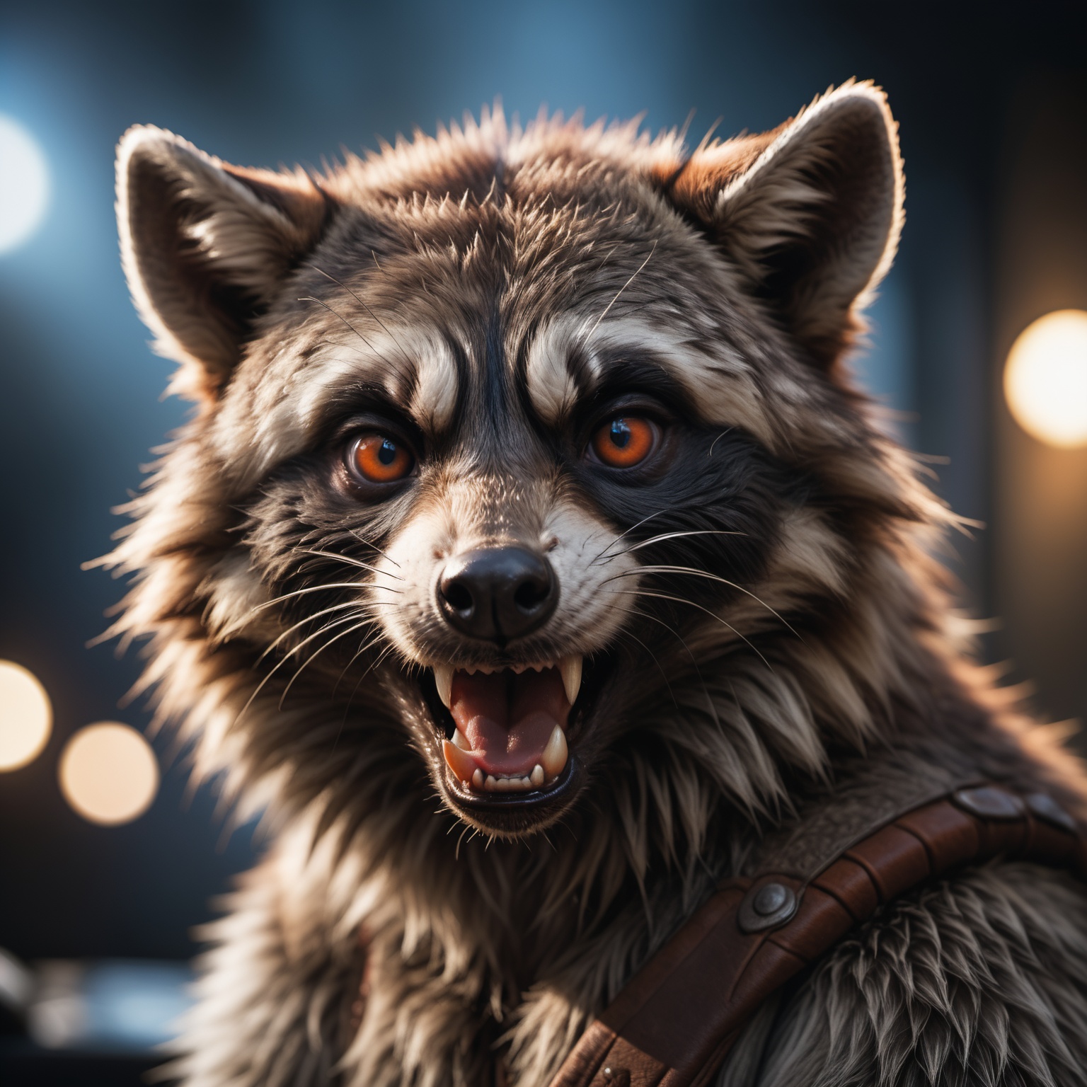 face portrait from an anthro male raccon,  fangs,  realistic fur on Tensor.Art