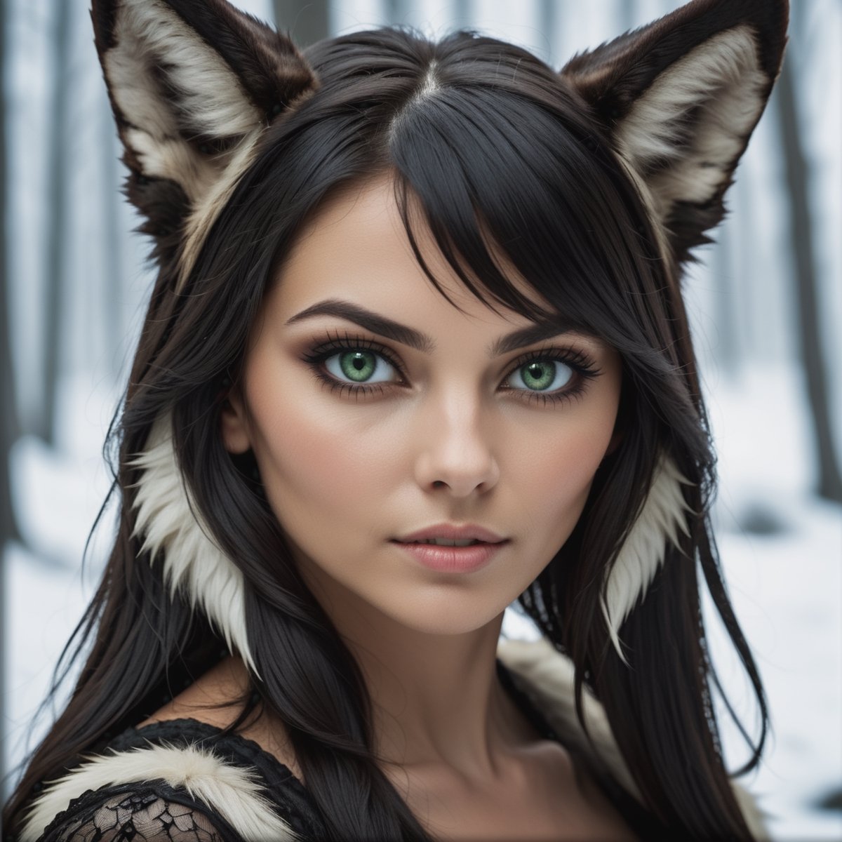 cinematic photo closeup face portrait of a black haired women with wolf ears ,  deep green eyes on Tensor.Art