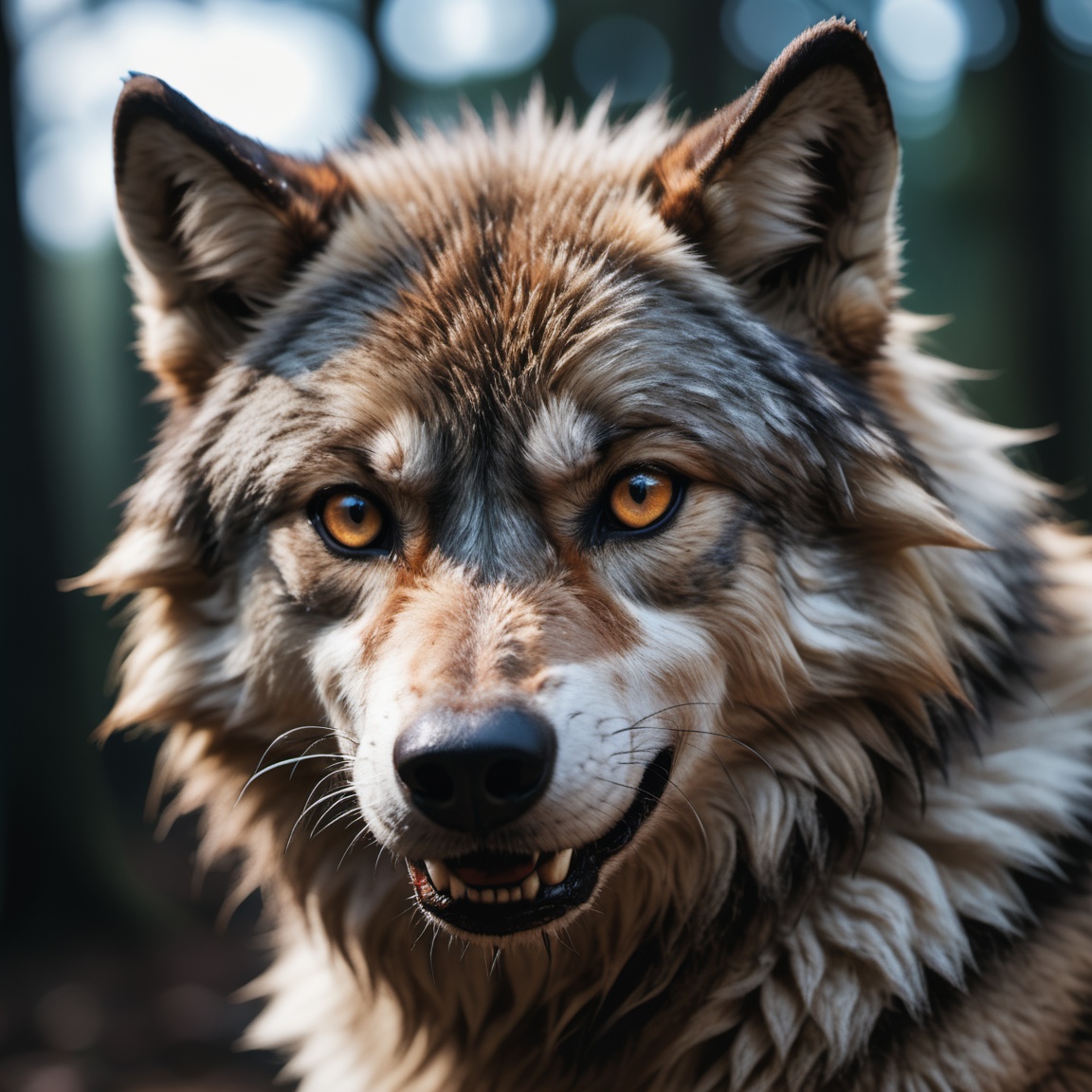 face portrait from a antro furry wolf male with visible fangs RAW candid cinema,  16mm,  color graded portra 400 film on T...