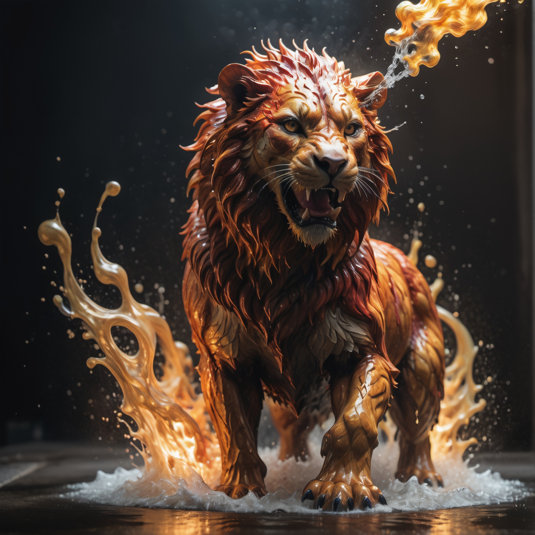 abstract expressionism,  intricately formed dynamic splash of fire and water in the shape of a lion,  high quality photogr...
