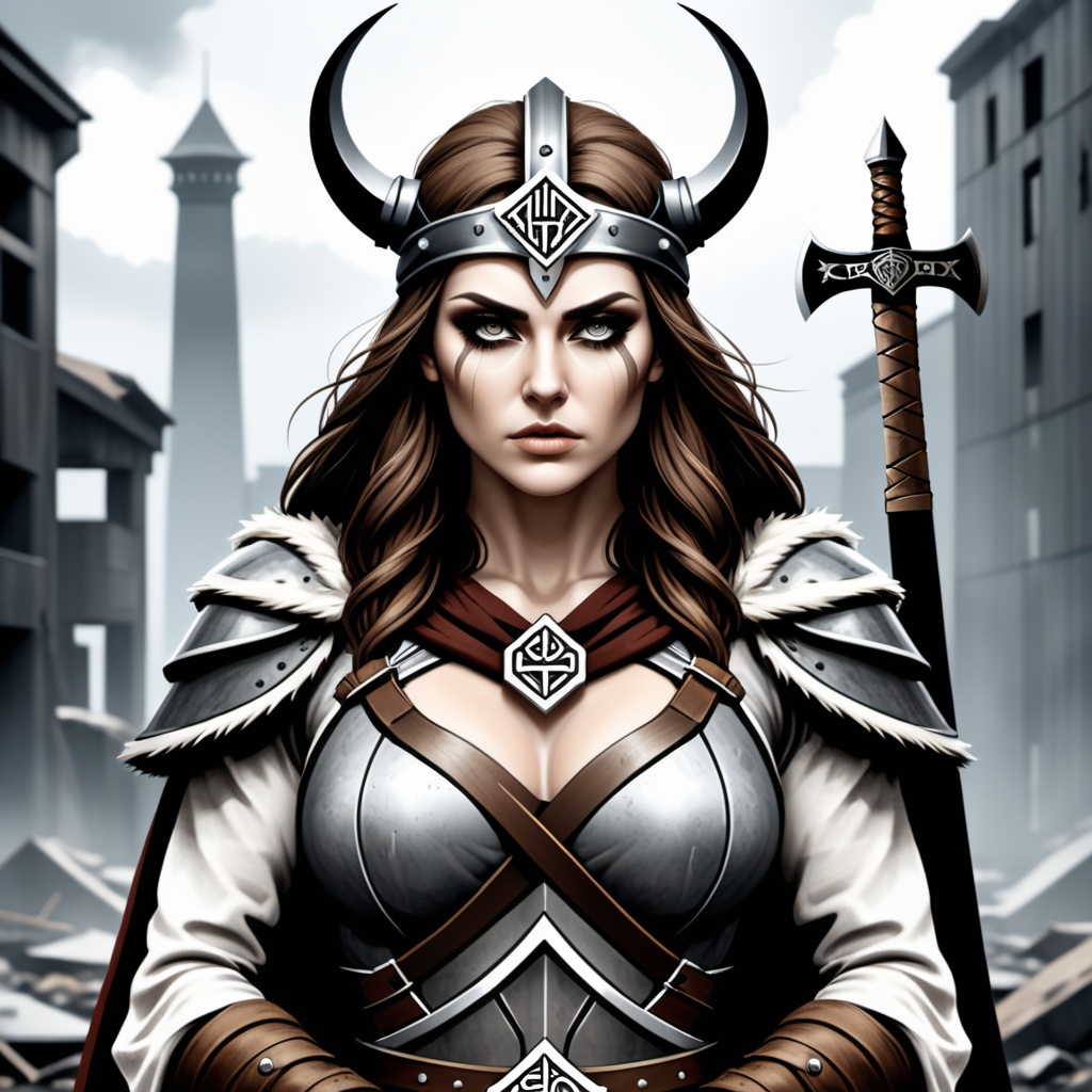 Dystopian style viking woman after battle,  2d vector illustration,  emblem logo on Tensor.Art