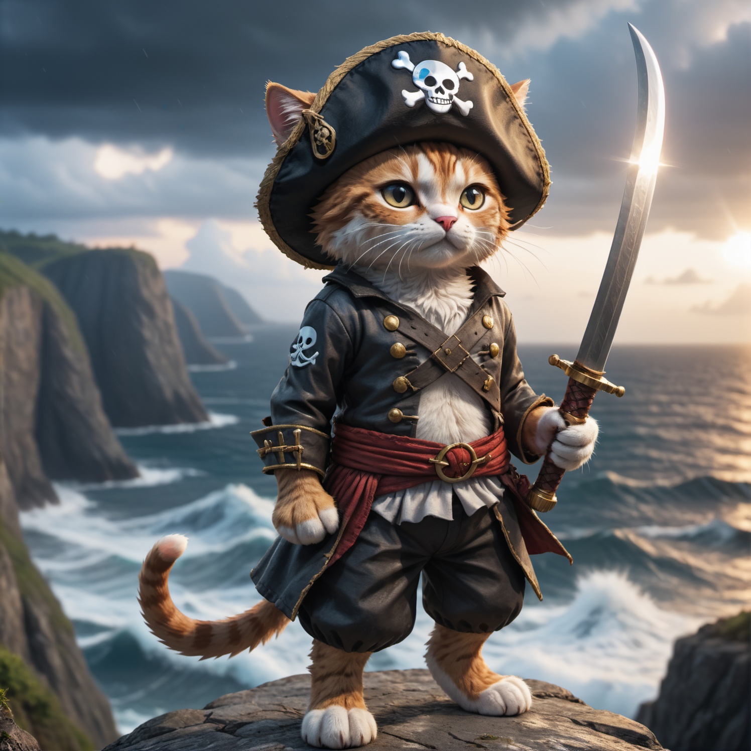 a cute cat pirat one piece outfit wearing a staw hat he is raising his saber and is standing on a cliff and is looking dow...