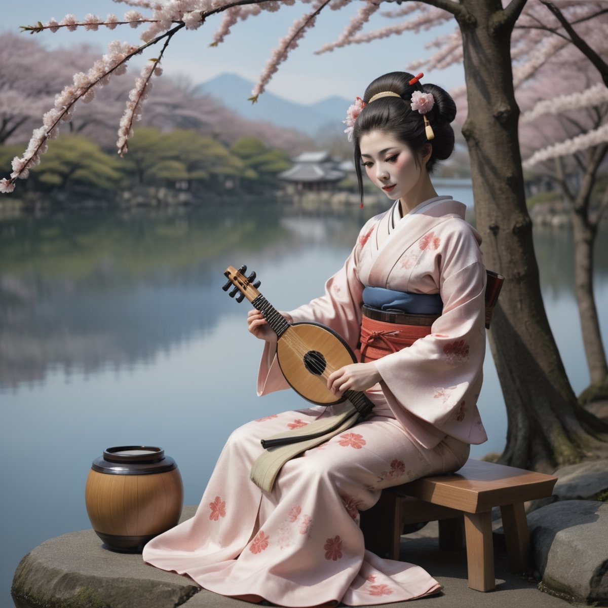 Beautiful geisha plays shamisen in Edo Japan near a lake under cherry blossom tree on Tensor.Art