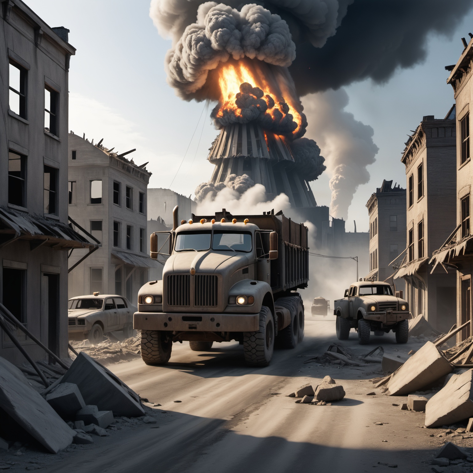 a postapocalyptic heavy truck drive throw a destroyed town after an nuclear blast on Tensor.Art