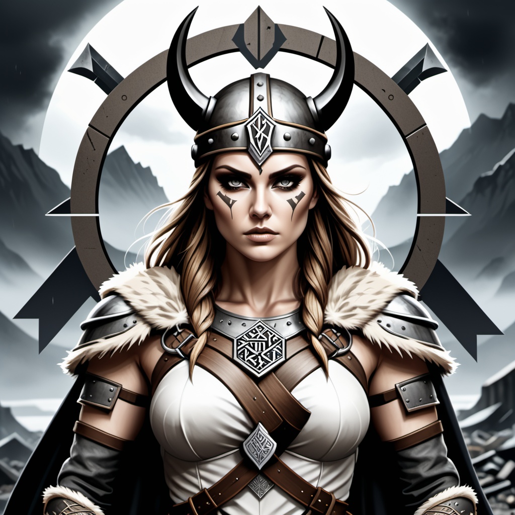 Dystopian style viking woman after battle,  2d vector illustration,  emblem logo on Tensor.Art