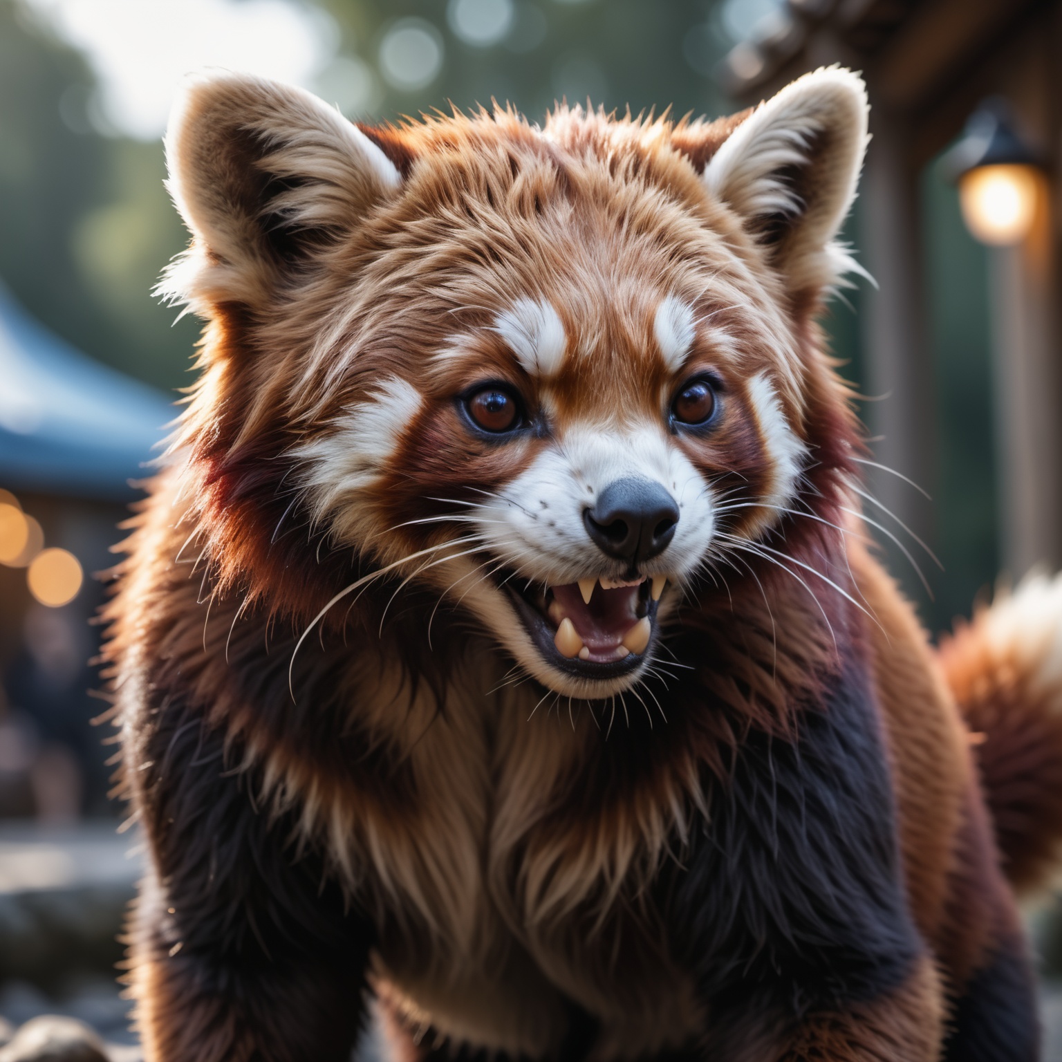 cinematic film still closeup of an detailed cute red panda,  fangs,  covered in holi colors . shallow depth of field on Te...