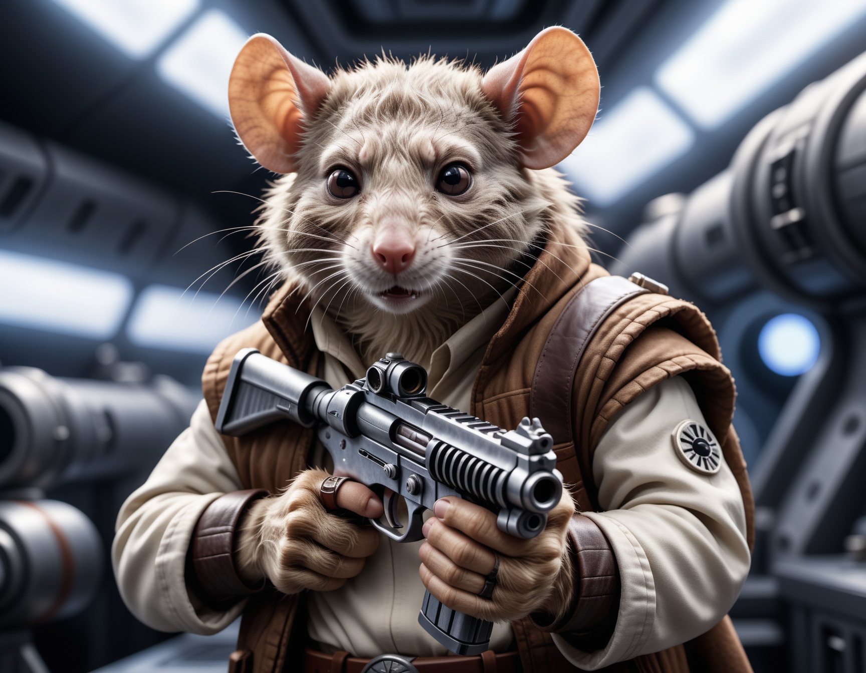 cinematic photo closeup of an star wars rebel rat holding his gun,  space ship background,  high quality photography on Te...