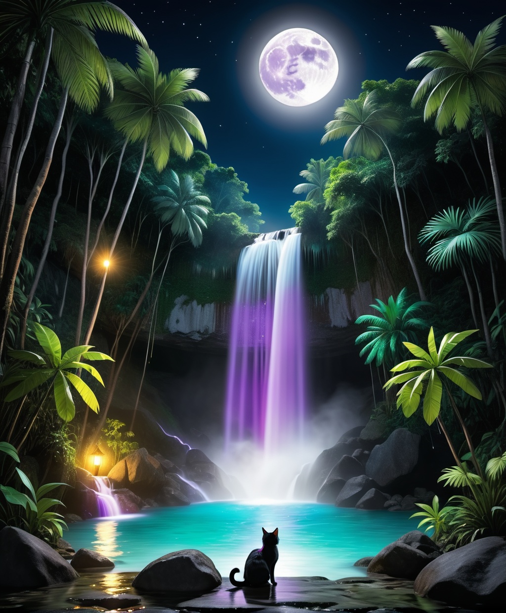 a Beautiful waterfall in the jungle at a full moon night with tousands of Luminescence lights in diffrent colors,  the wat...