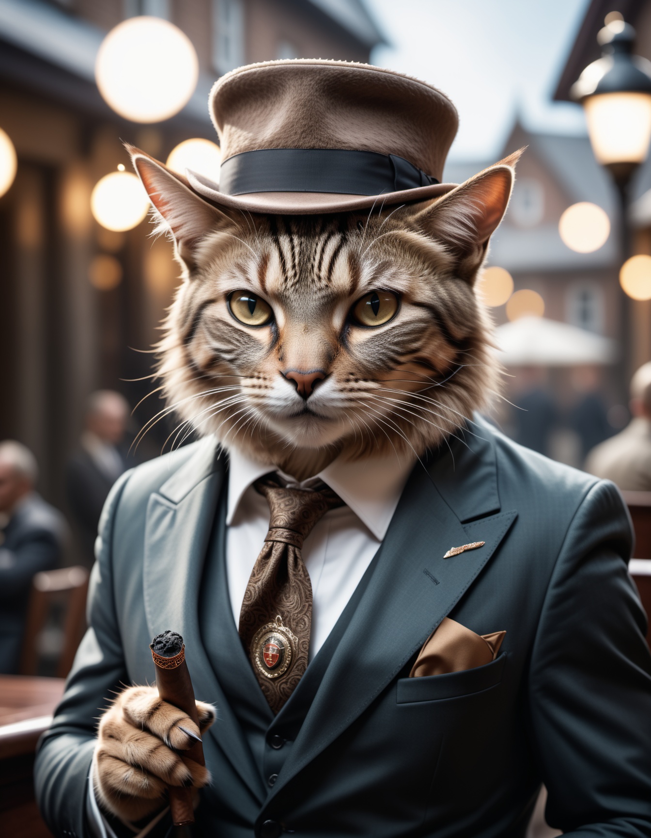 cinematic film still ((BBC Style)) picture of an cat mobster in (wildlife) ,  smoking his cigar . shallow depth of field,...