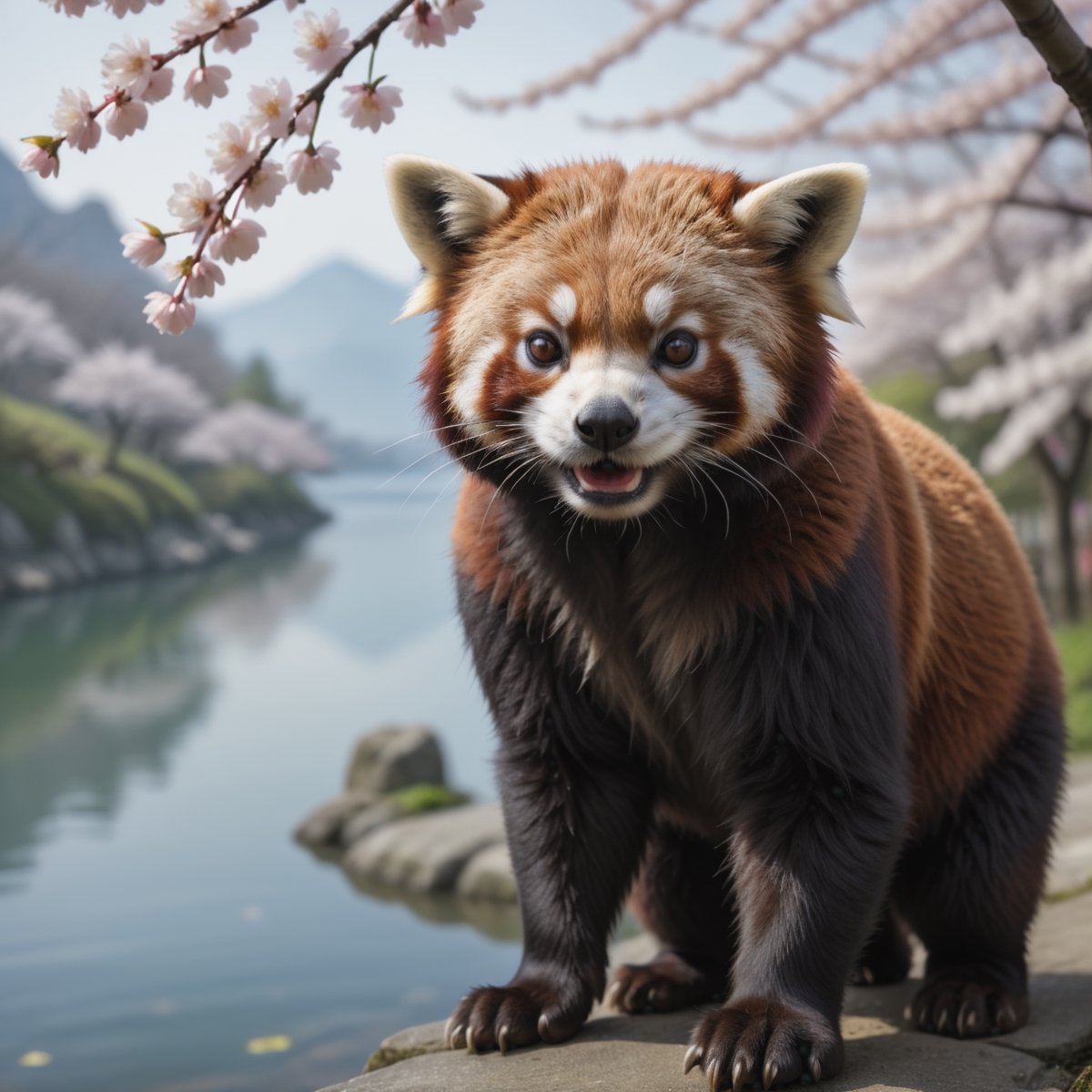 Beautiful closeup portrait of an red panda Edo Japan near a lake under cherry blossom tree on Tensor.Art