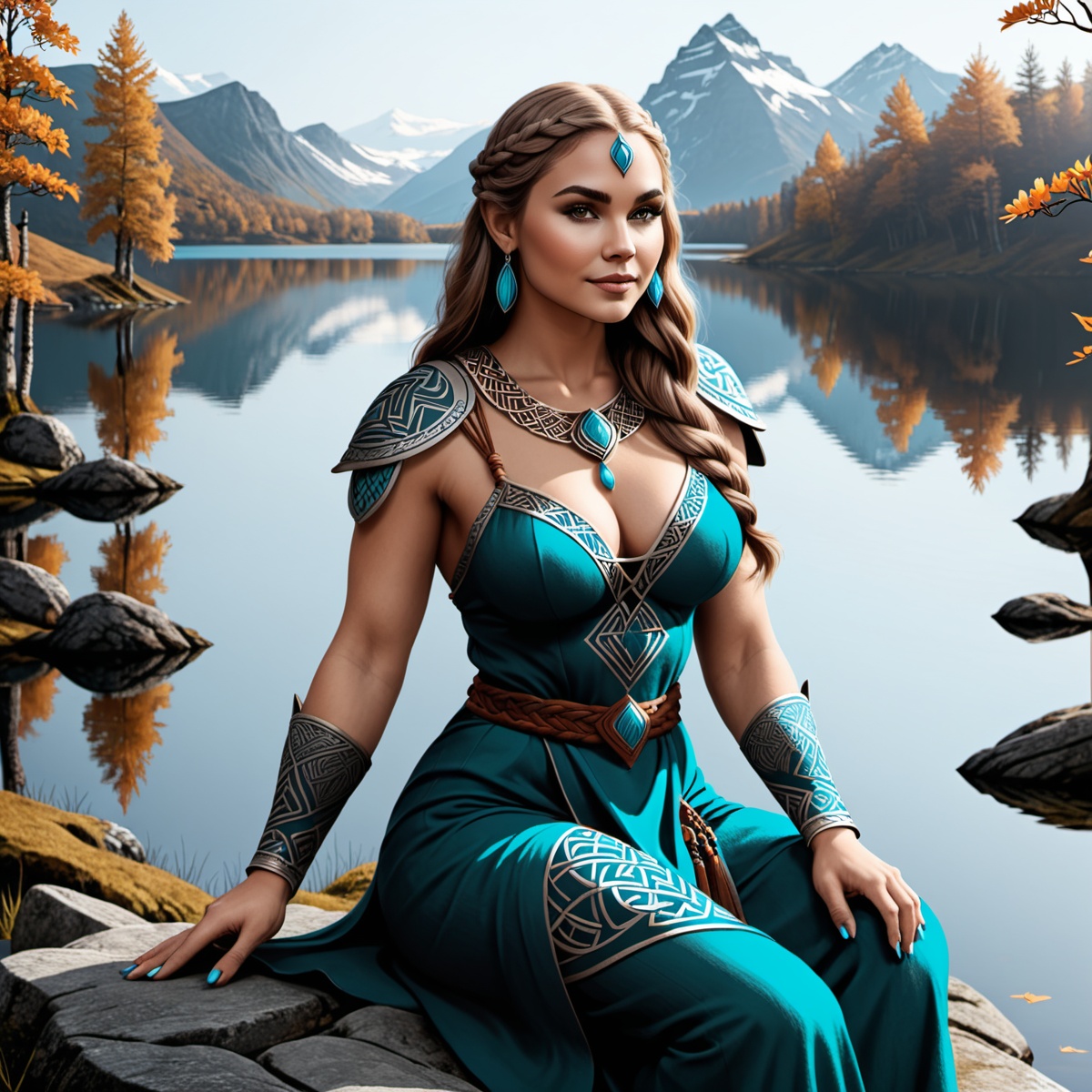 line art drawing a old norse tribal artwork of an Beautiful woman sitting near a lake,  norse knotwork . professional,  sl...