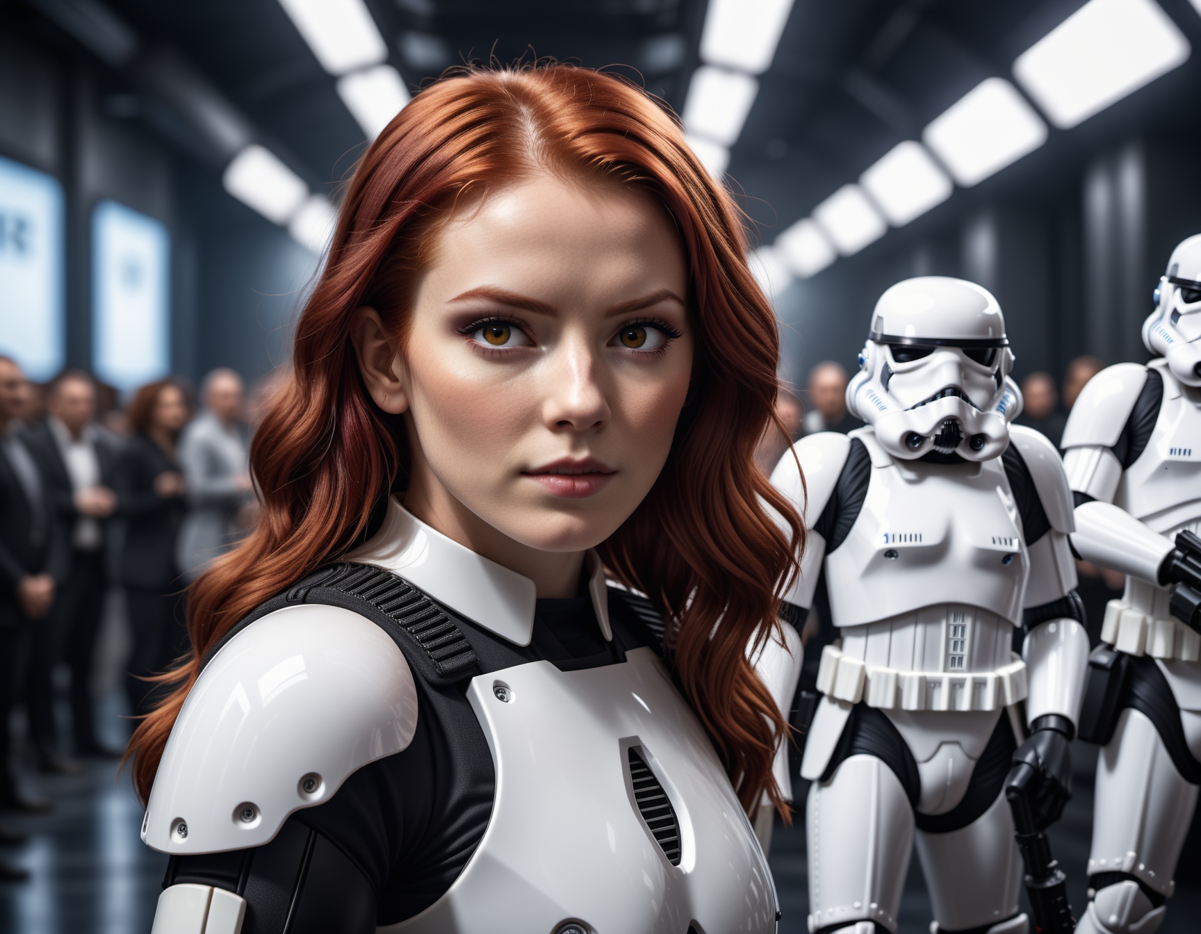 cinematic photo closeup of a red haired stormtrooper woman,  high quality photography,  3 point lighting on Tensor.Art