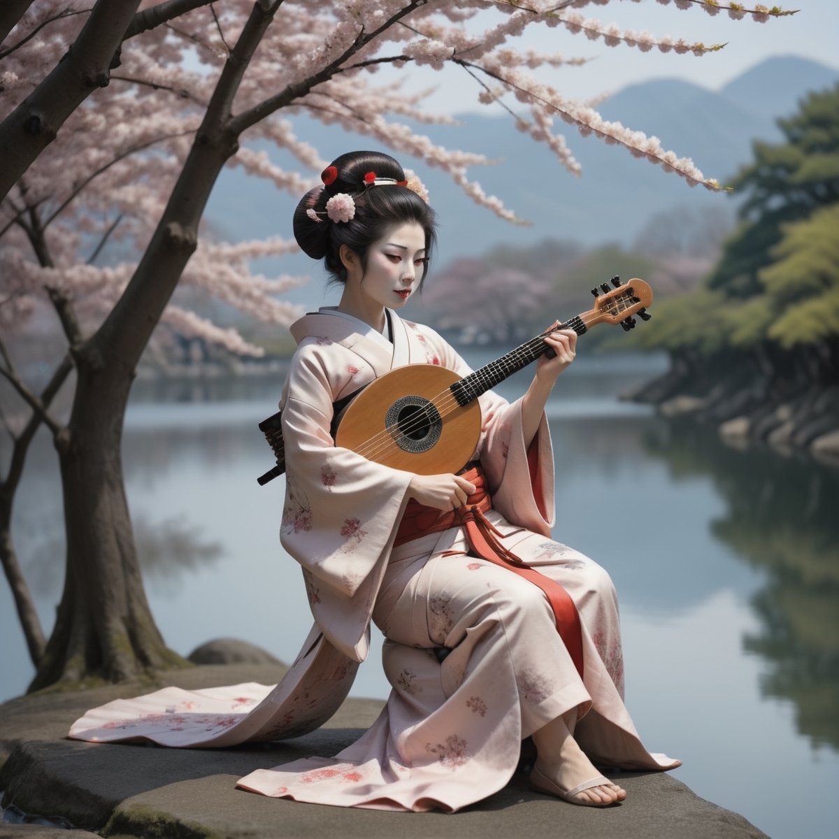 Beautiful geisha plays shamisen in Edo Japan near a lake under cherry blossom tree on Tensor.Art