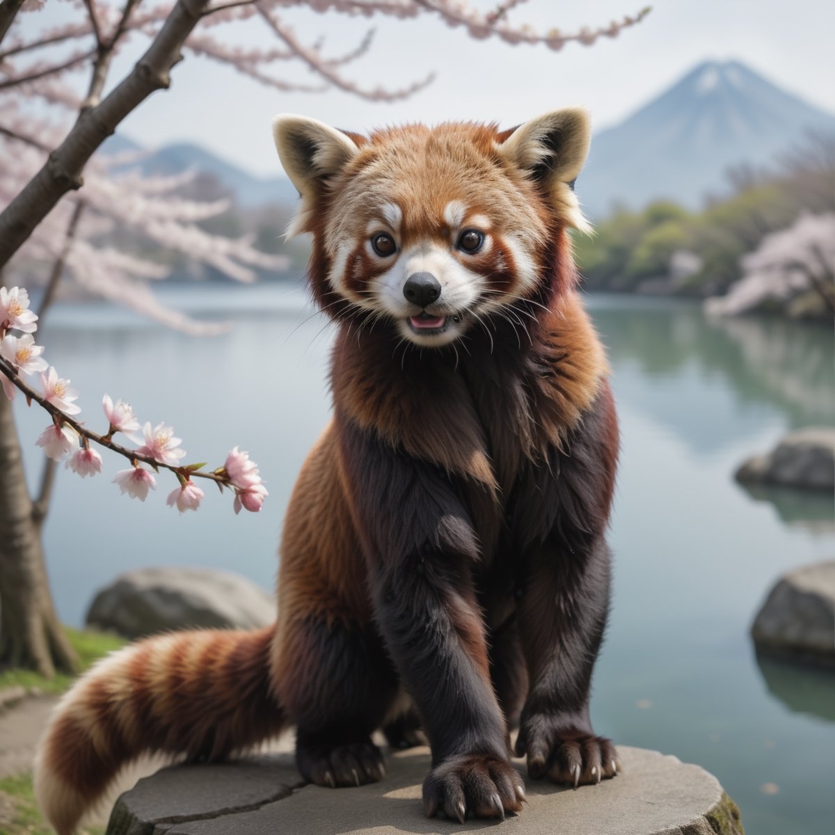 Beautiful closeup portrait of an red panda Edo Japan near a lake under cherry blossom tree on Tensor.Art