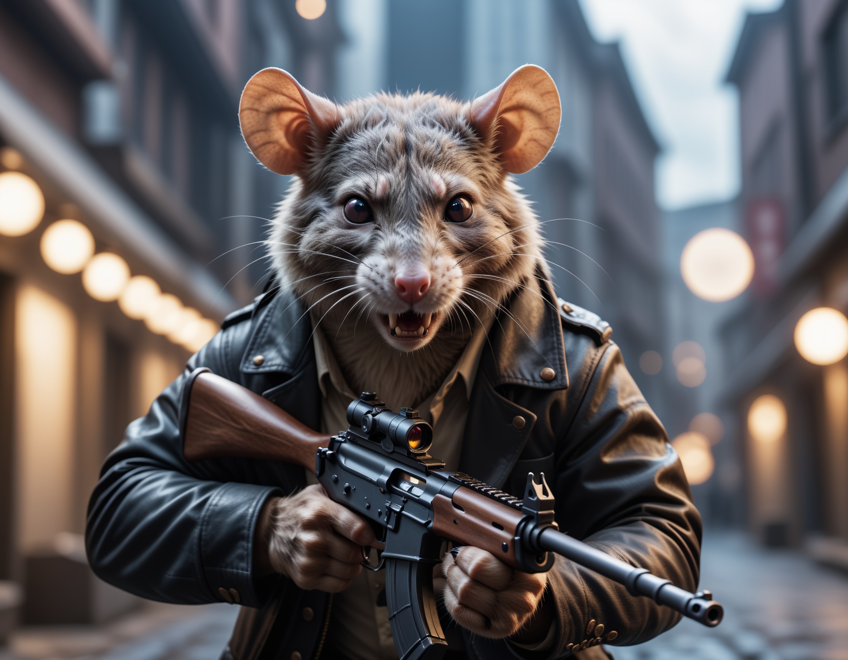 cinematic photo closeup of a rat hitman with his ak47 shooting towards viewer,  angry ,  fangs on Tensor.Art