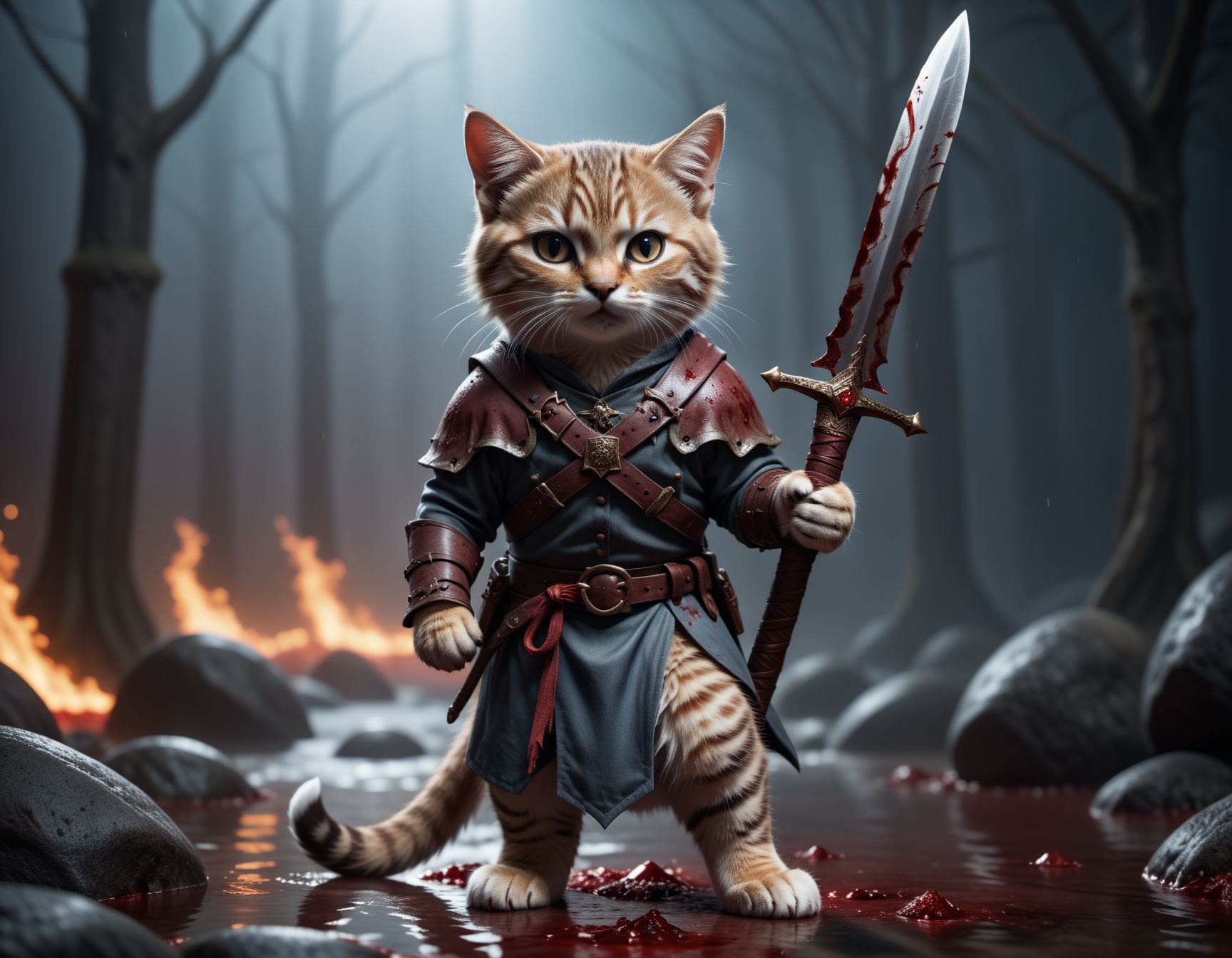 cinematic film still an cute cat is standing in hell covered in blood holding his giant sword corpses are all over the gro...