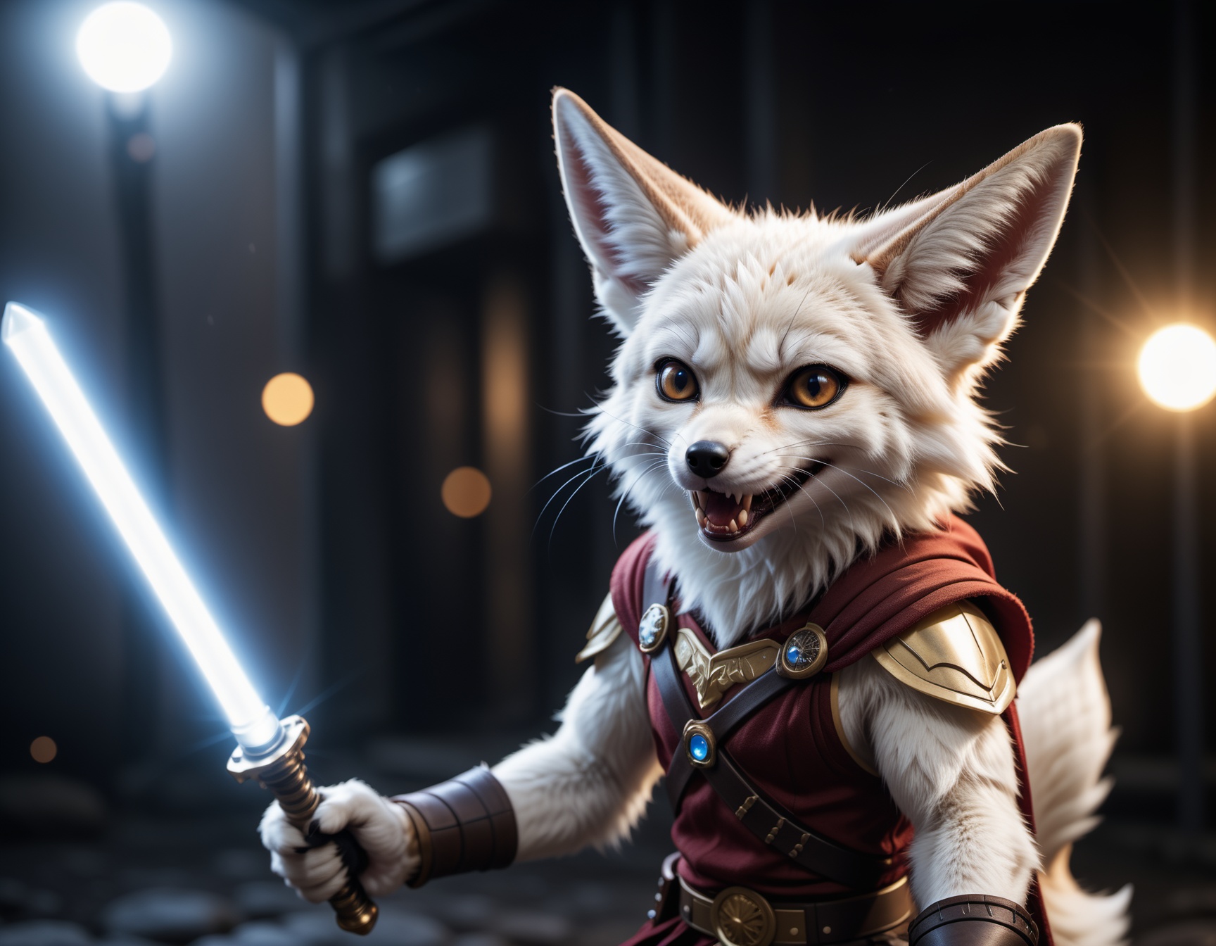 cinematic photo closeup of a cute white fennec fox with his light saber r,  angry ,  fangs on Tensor.Art