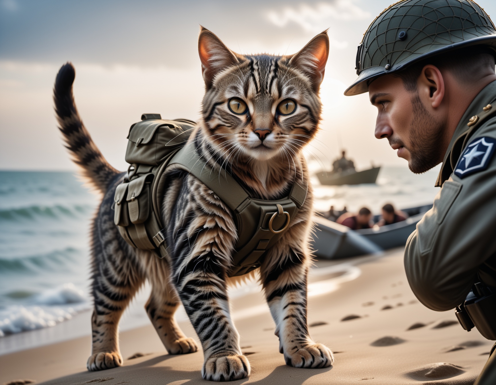 cinematic film still a cute cat soldier is storming omaha beach after the landing craft reached land ,  heavy gunfire towa...