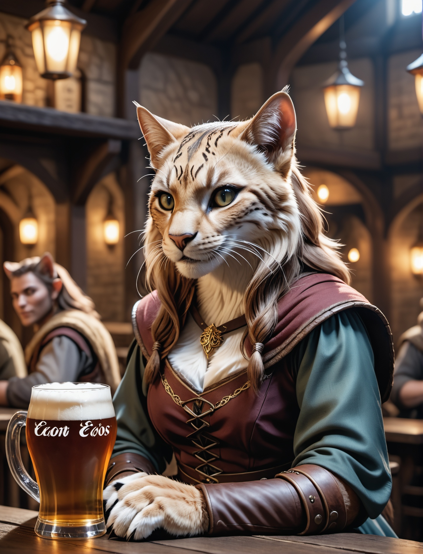 cinematic photo an female khajiit sitting in a medival tavern and trinking beer,  high quality photography,  3 point light...