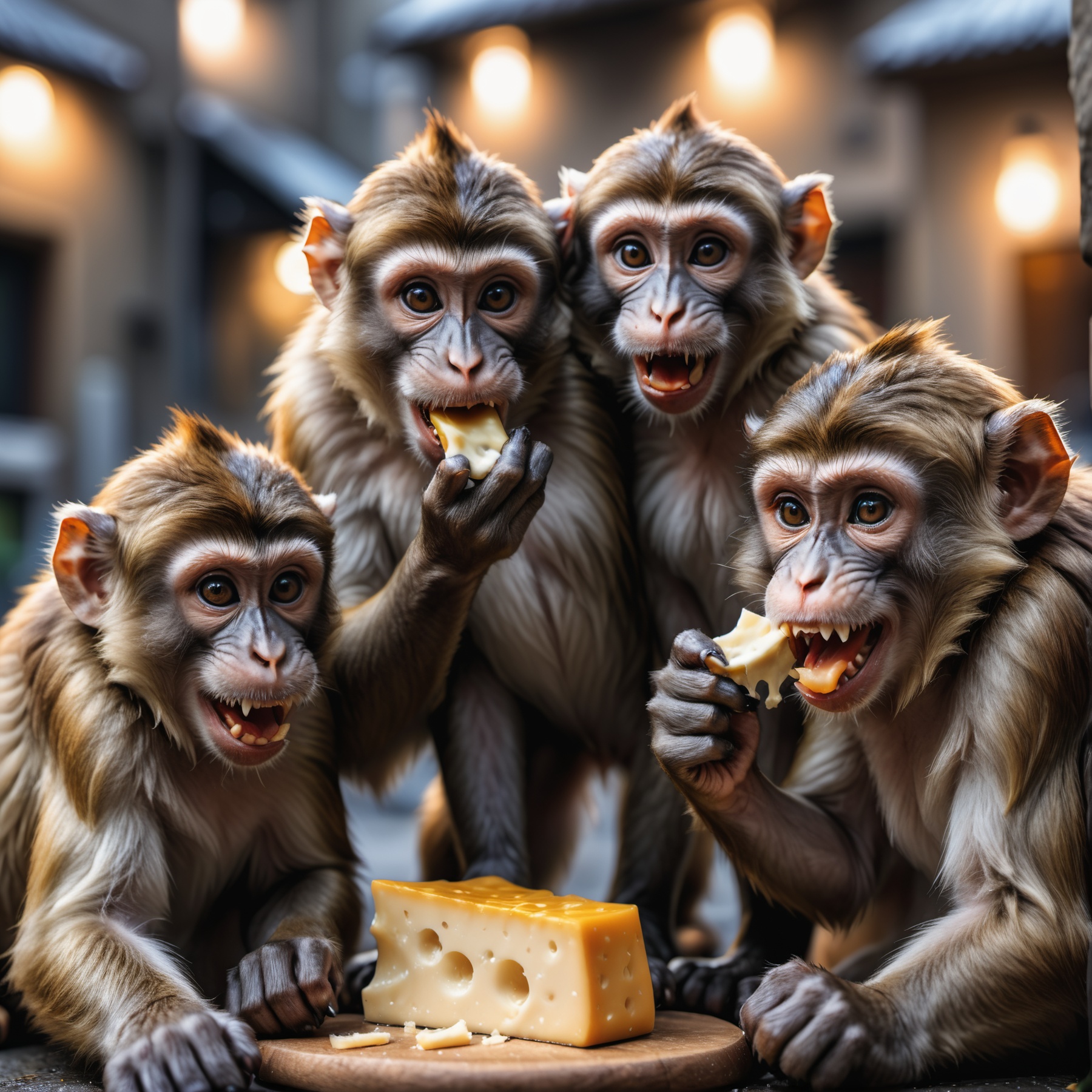 closeup photo of a monkey with 3 heads is eating cheese,  detailed realistic fur,  paws on Tensor.Art