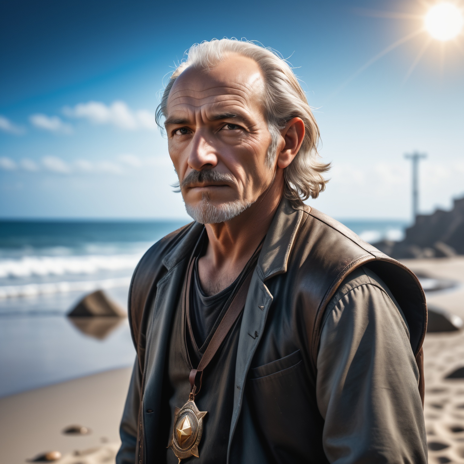 cinematic photo sad old man in a post apocalyptic beach after nuclear blast,  newdawn,  closeup on Tensor.Art