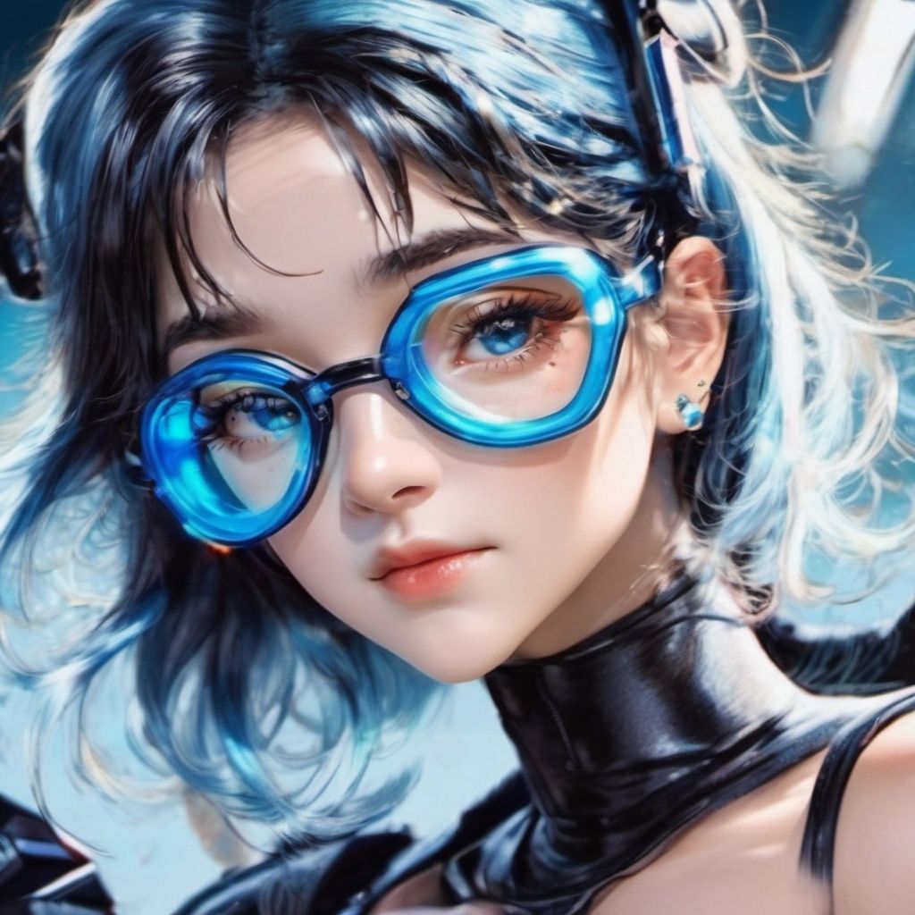 morisv, 1girl, goggles on head, goggles, solo,  blue eyes, black hair, eyewear on head, navel, simple background, looking at viewer,