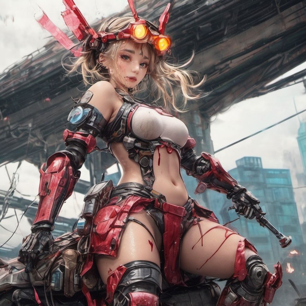 morisv,1girl,Riding a motorcycle,cyberpunk,Mechanical body,robot,incredibly absurdres, wide_shot, tang style outfits, (dynamic angle:1.4), 1girl, full_body, different body, different hair color, fighting, weapons, , , , Space opera, Space port, robot arm, elbow gloves, night, glisten, stare, cyberpunk, ((((future_city)))), science fiction, Mechanical armor headdress, (bare shoulders), airship, ((destroyed)), explosion, buildings in disarray, The residual eaves DuanBi, cumulus, mouldy, floating, wind, Dead end machine, (broken robot), (Mechanical robot girl), in the rubble of a devastated city, Armed Robots, fire shot, Sword Body Glows, Blood Mist, background Urban rooftop, despair, Blood Cherry Blossom, torn clothes, crying with eyes open, solo, Blood Rain, bandages, Gunpowder smoke, beautiful deatailed shadow, Splashing blood, dust, tyndall effect, 