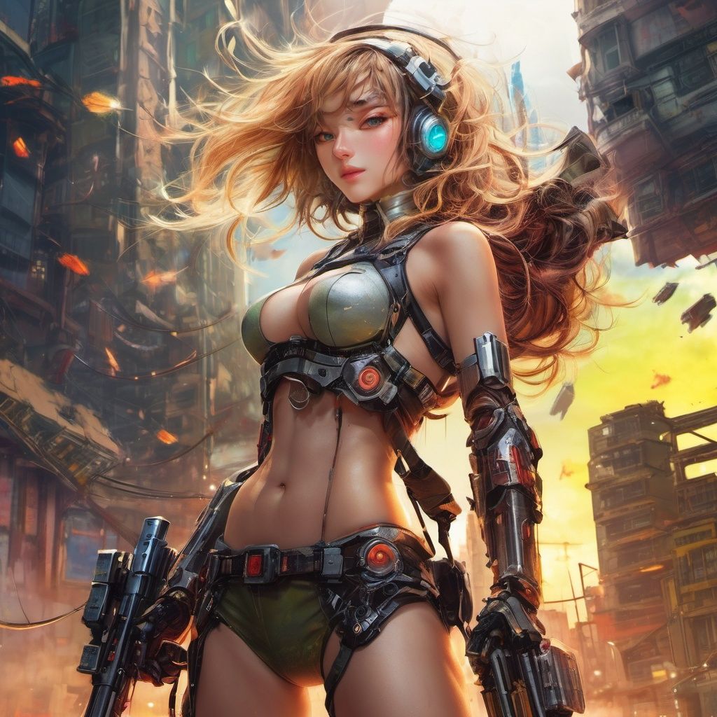 morisv,incredibly absurdres, wide_shot, tang style outfits, (dynamic angle:1.4), 1girl, full_body, different body, different hair color, fighting, weapons, , , , Space opera, Space port, robot arm, elbow gloves, night, glisten, stare, cyberpunk, future_city, science fiction, Mechanical armor headdress, (bare shoulders), airship, ((destroyed)), explosion, buildings in disarray, The residual eaves DuanBi, cumulus, mouldy, floating, wind, Dead end machine, (broken robot), (Mechanical robot girl), in the rubble of a devastated city, Armed Robots, fire shot, Sword Body Glows, Blood Mist, background Urban rooftop, despair,