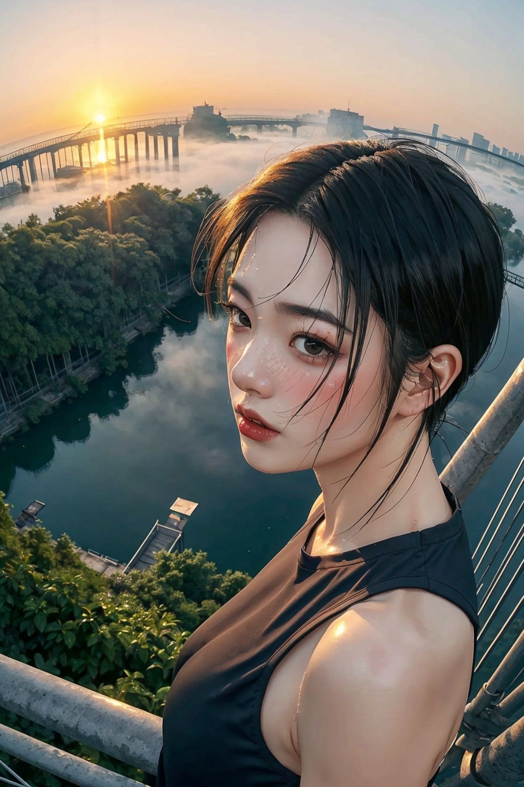 photograph, fisheye, 1girl, goddess, Foggy Undercut hairstyle, aesthetics, atmosphere, (sweaty:1.3), epic,landscape, sunrise,bridge, epic,yuzu