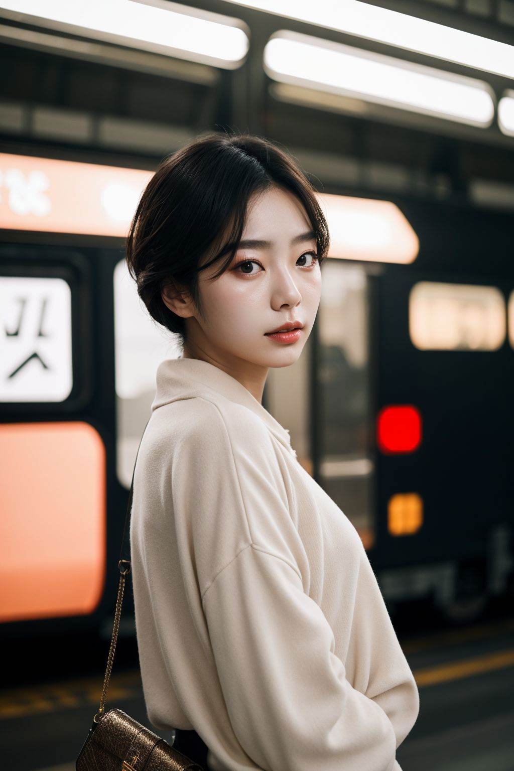 Cinematic Photo of a beautiful korean fashion model bokeh train on Tensor.Art