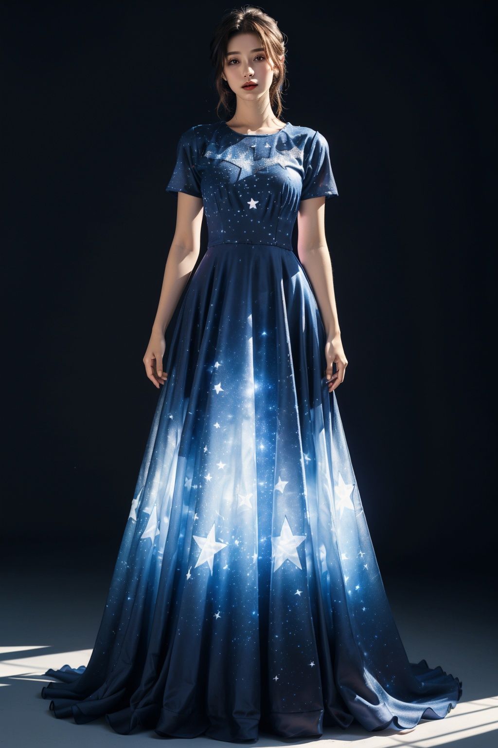 ((masterpiece)), ((best quality)), 8k, high detailed,1girl, 20-year-old,Bright night sky dress, dress, blue theme, arms at sides, star \(symbol\), standing, blue dress, short sleeves, full body, contouring light