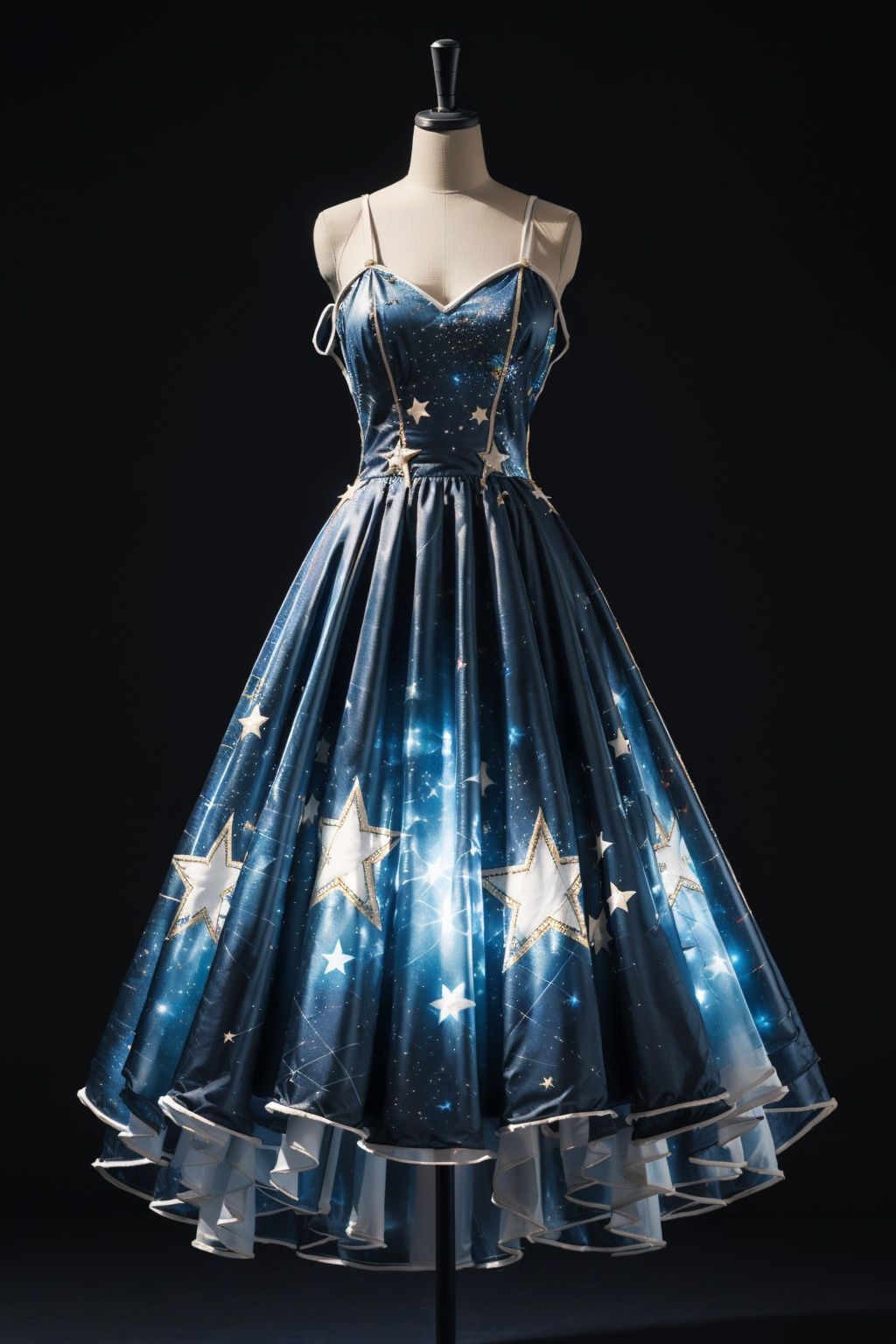 ((masterpiece)), ((best quality)), 8k, high detailed,1girl, 20-year-old,black background, simple background, Colorful star dress, dress, standing, starry sky print, glowing, contouring light