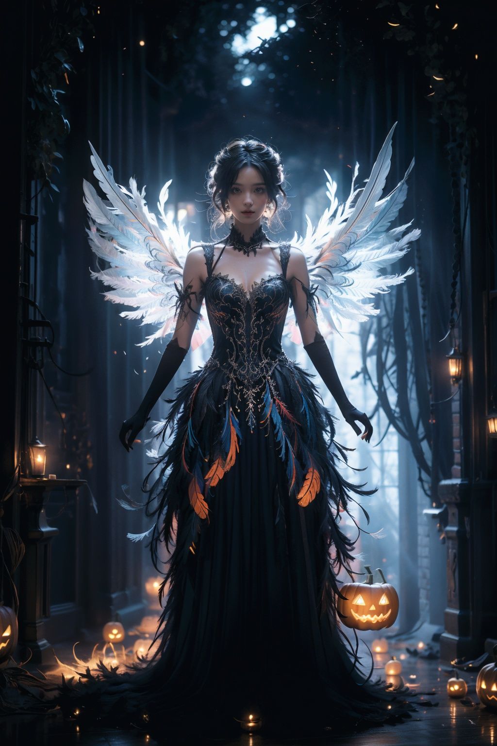 1 girl, feather dress, magical background, feather wings, full body, silhouette light, halloween, (cinematic composition:1.3), (depth of field:1.2), (magic atmosphere:1.1), (spooky props:1.0), (bright colors:0.9), (contrasting light and shadow:0.8), (eerie sounds:0.7), (candlelight:0.6).