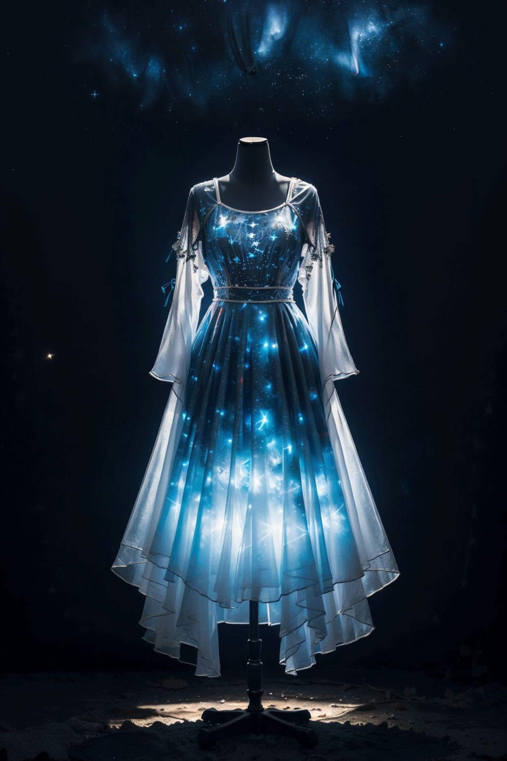 ((masterpiece)), ((best quality)), 8k, high detailed,1girl, 20-year-old,(wearing Bright night sky dress), (in the forest), Bright night sky dress, dress, light particles, full body, black background, glowing, contouring light