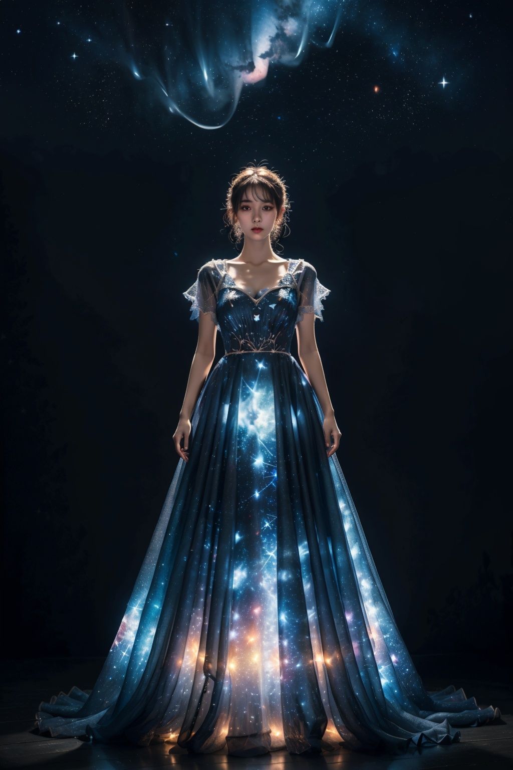 ((masterpiece)), ((best quality)), 8k, high detailed,1girl, 20-year-old,(wearing Bright night sky dress), (in the forest), Bright night sky dress, dress, light particles, full body, black background, glowing, contouring light