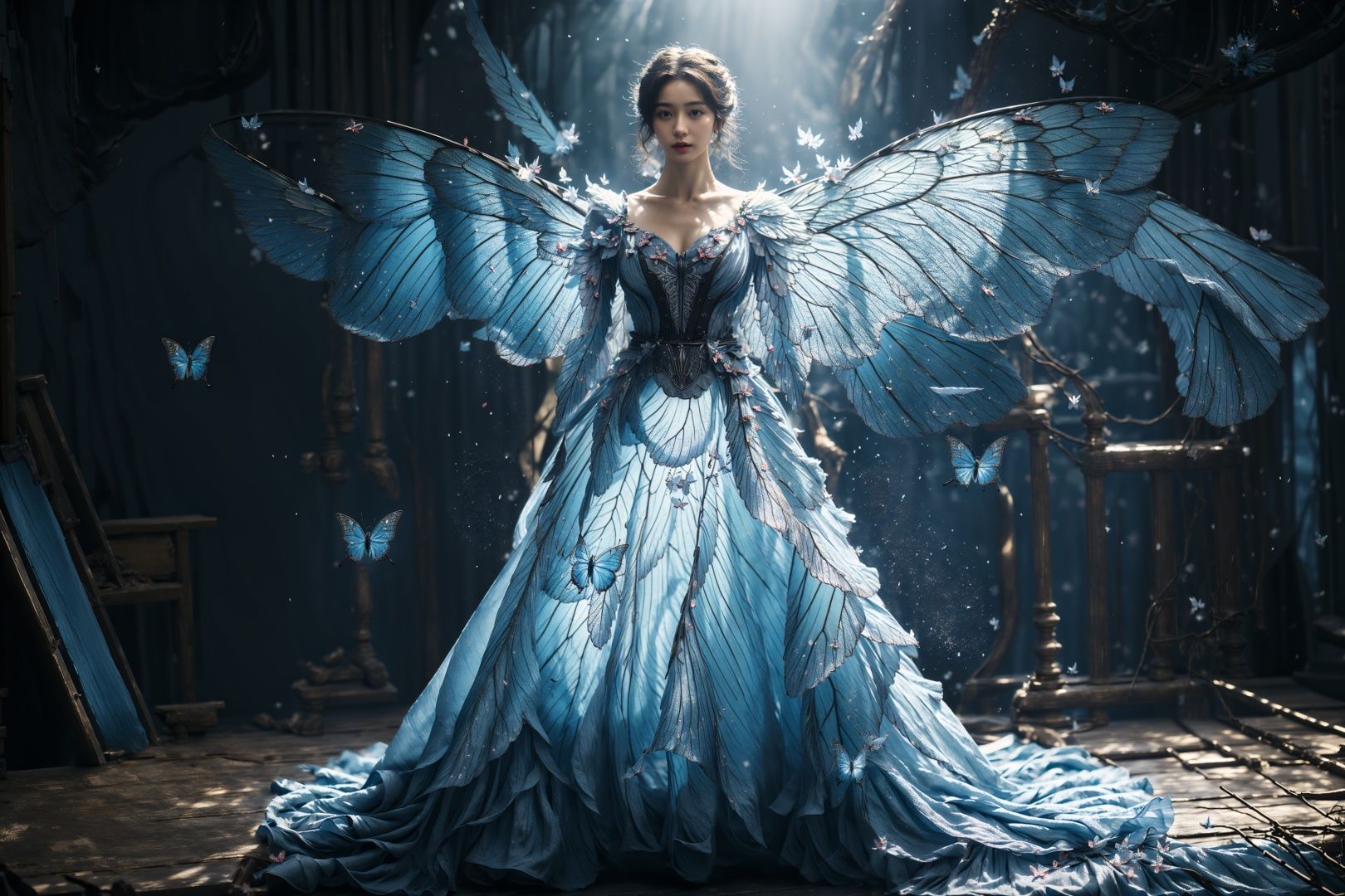 ((masterpiece)), ((best quality)), 8k, high detailed,1girl, 20-year-old,wings, dress, blue background, standing, Long shot, panorama, wide shot, people on the right,glowing, butterfly wings, full body, light particles, contouring light, fairy dress,ZYM
