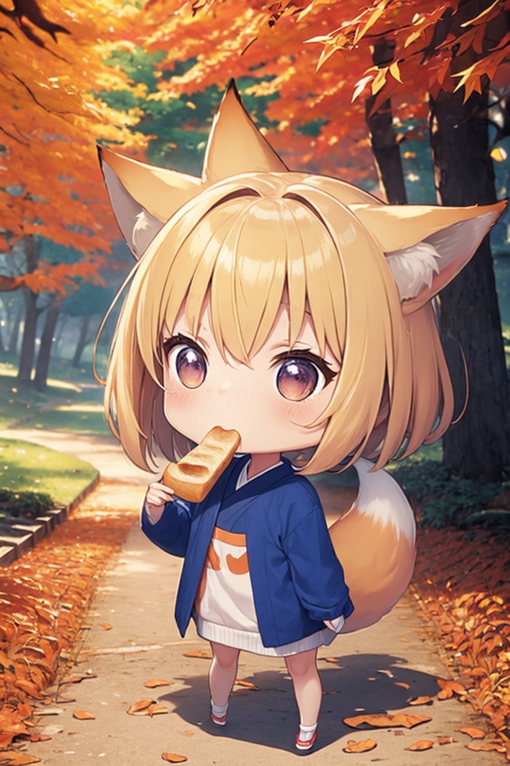 A cute girl with fox ears is eating bread in a vibrant Japanese autumn forest,  surrounded by a sea of colorful autumn lea...
