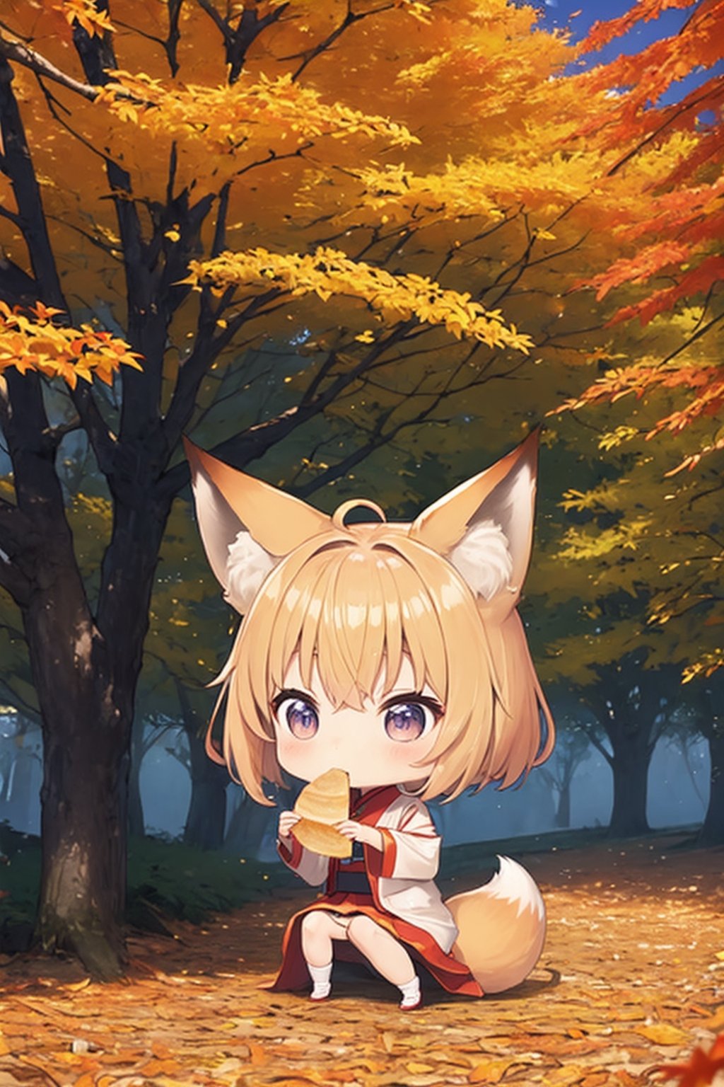 A cute girl with fox ears is eating bread in a vibrant Japanese autumn forest,  surrounded by a sea of colorful autumn lea...