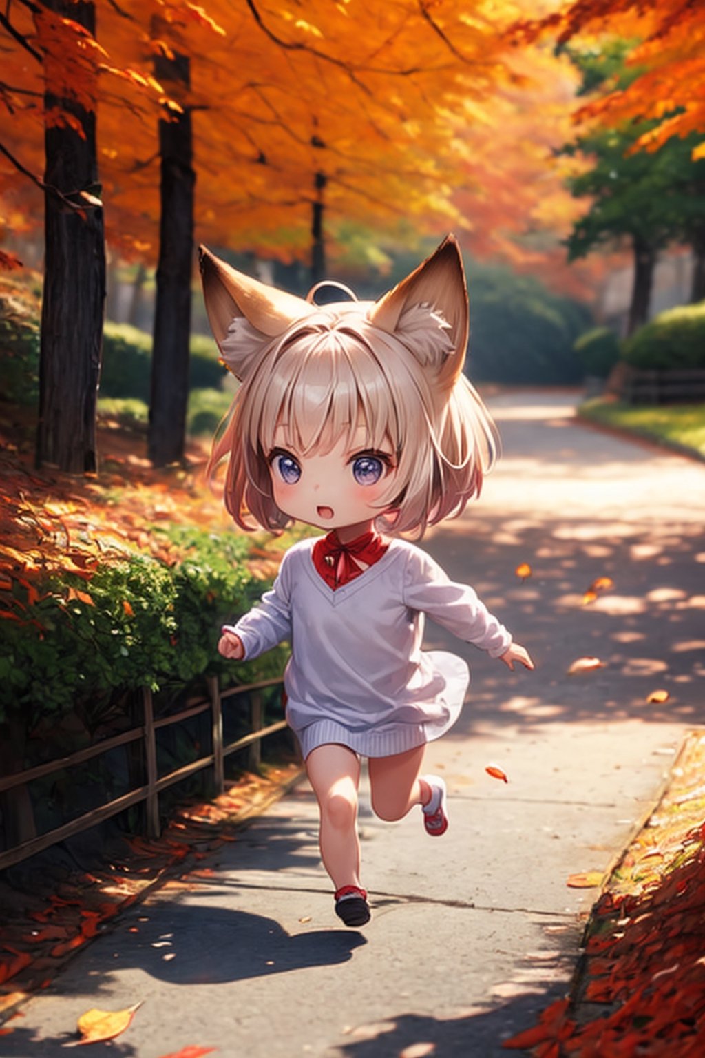 A cute little girl with fox ears is running through a vibrant Japanese autumn forest,  surrounded by a sea of colorful aut...