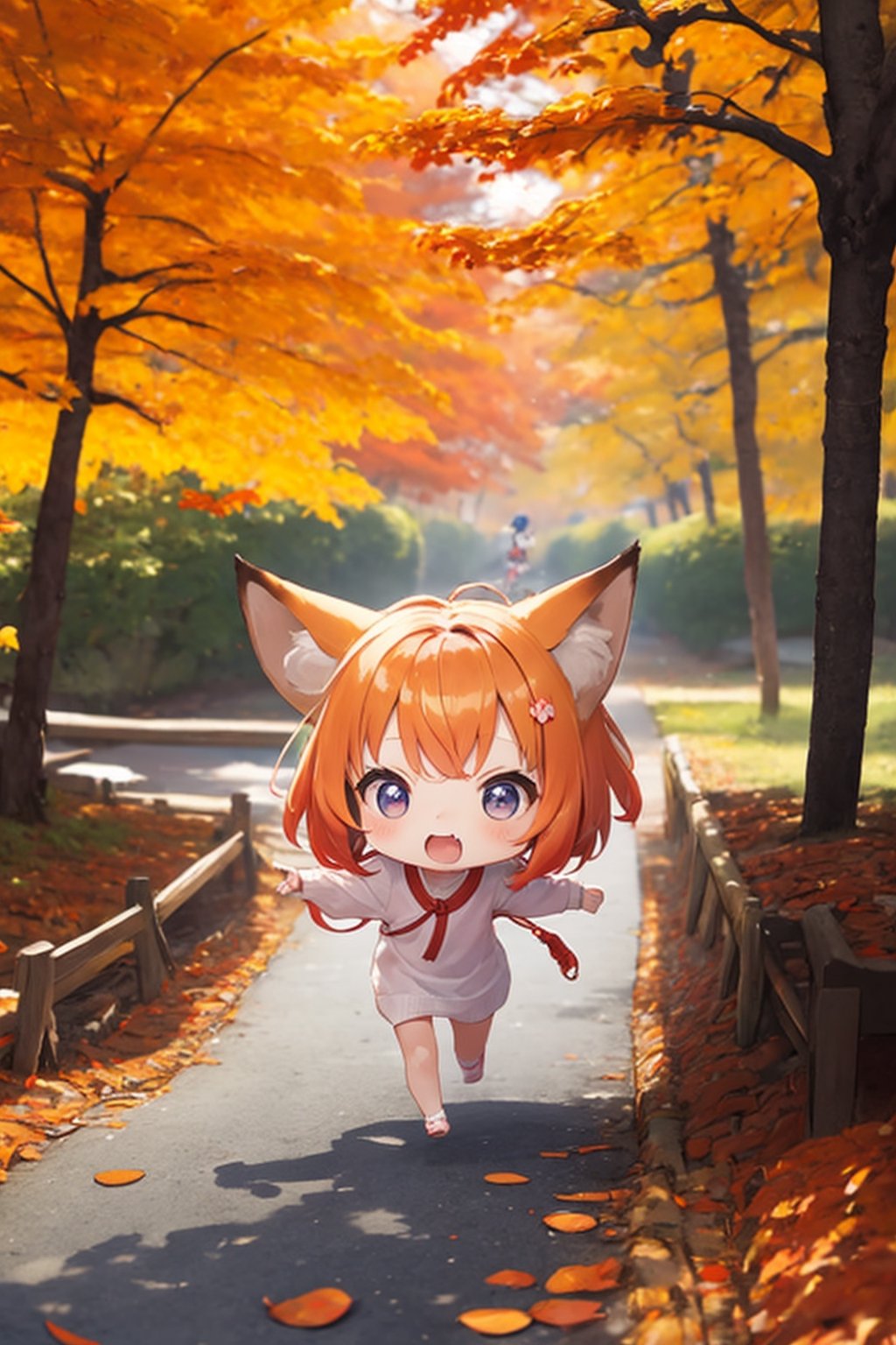 A cute little girl with fox ears is running through a vibrant Japanese autumn forest,  surrounded by a sea of colorful aut...