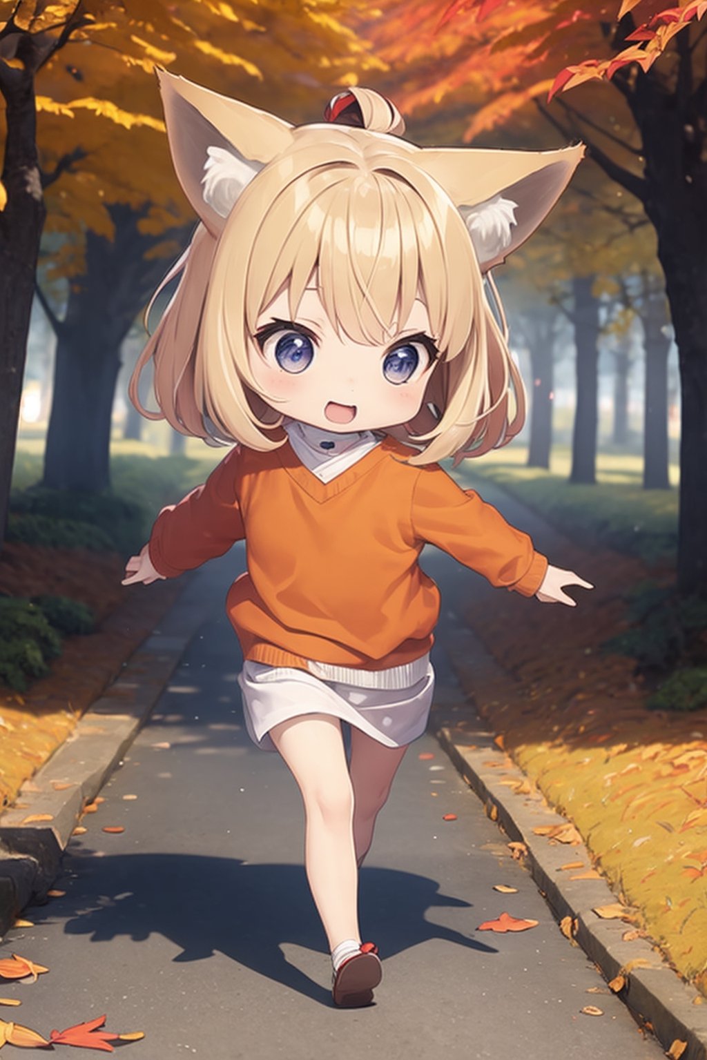 A cute little girl with fox ears is running through a vibrant Japanese autumn forest,  surrounded by a sea of colorful aut...