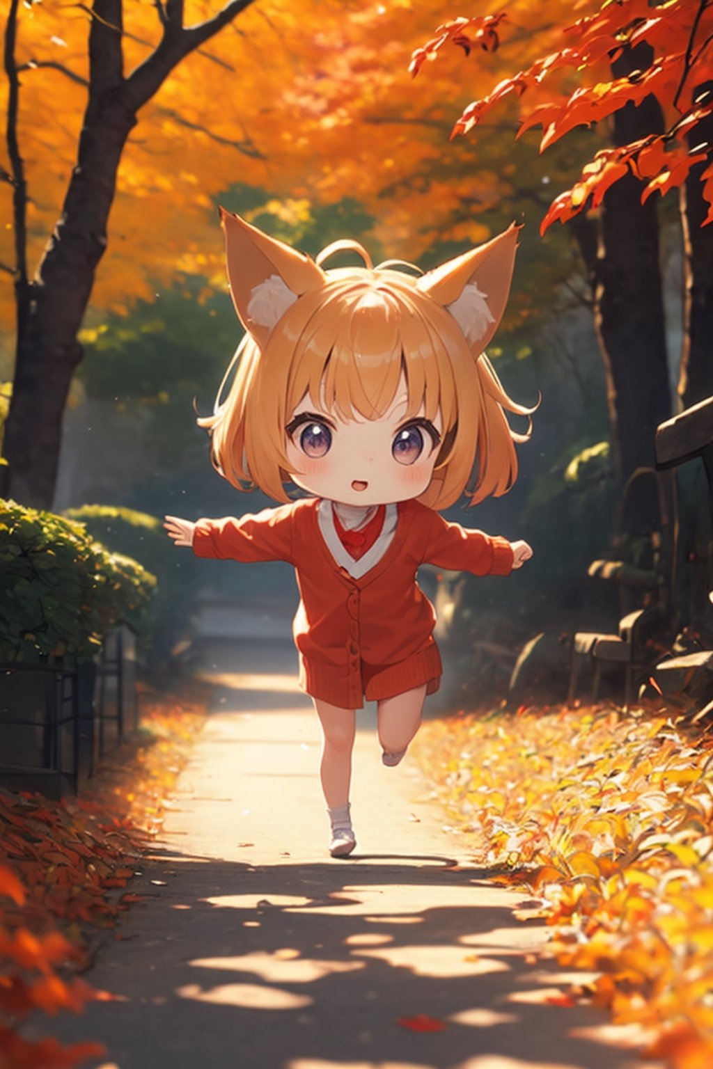A cute little girl with fox ears is running through a vibrant Japanese autumn forest,  surrounded by a sea of colorful aut...